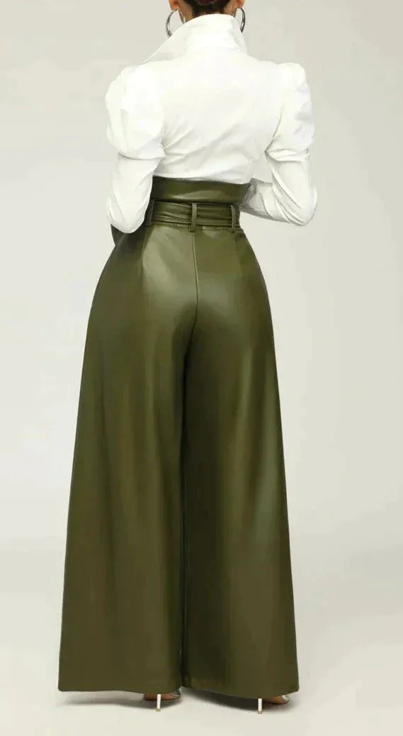 Paper Bag Waist Wide Leg Vegan Leather Pants