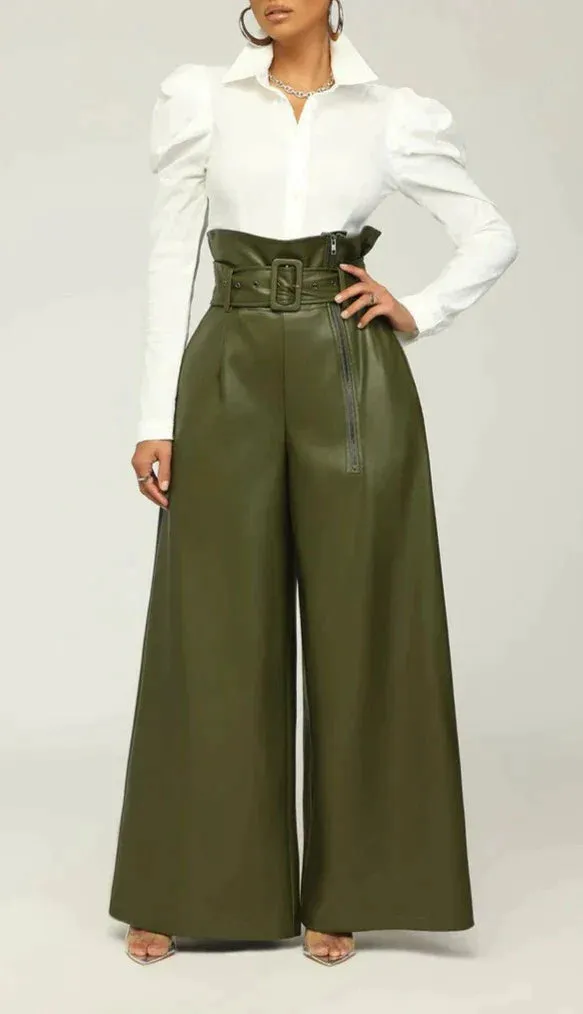 Paper Bag Waist Wide Leg Vegan Leather Pants