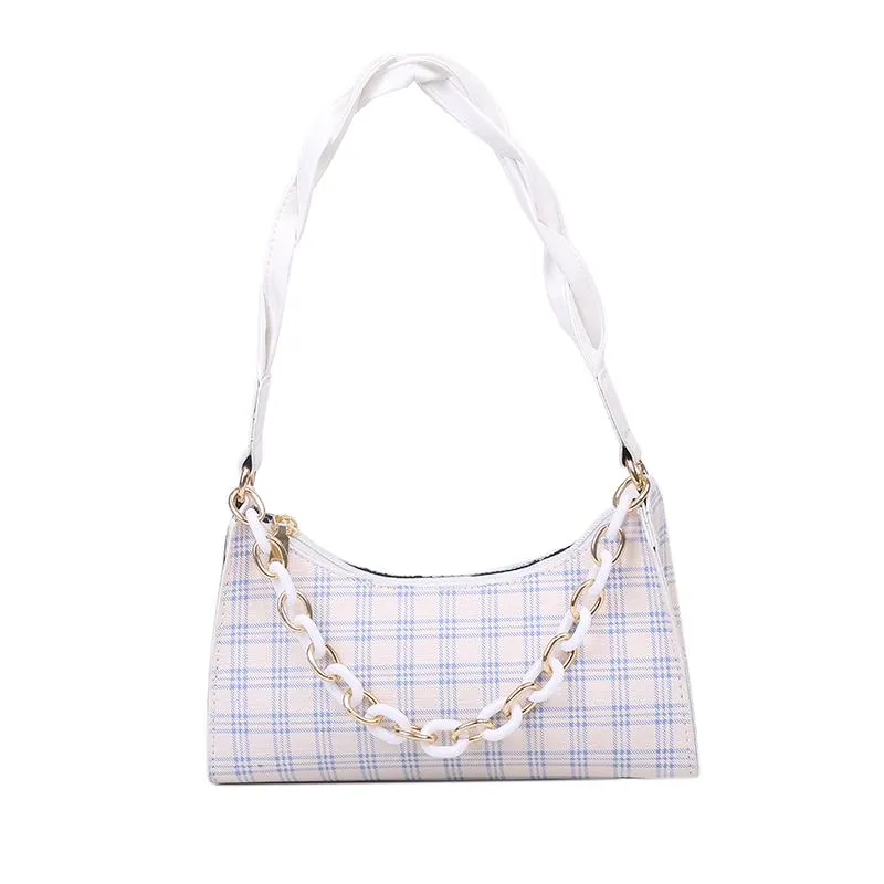 Plaid Tartan Shoulder Bag With Acrylic Chain