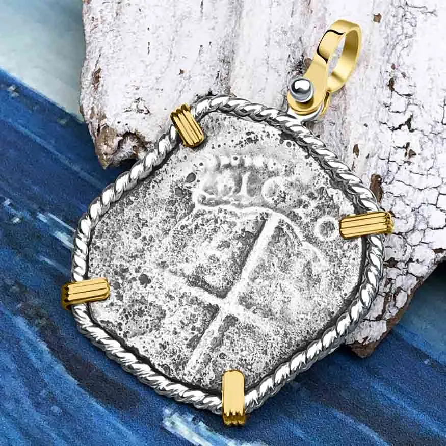 Rare Dated 1620 Sao Jose 4 Reale Shipwreck Coin 14K Gold and Sterling Silver Pendant | Artifact #6638