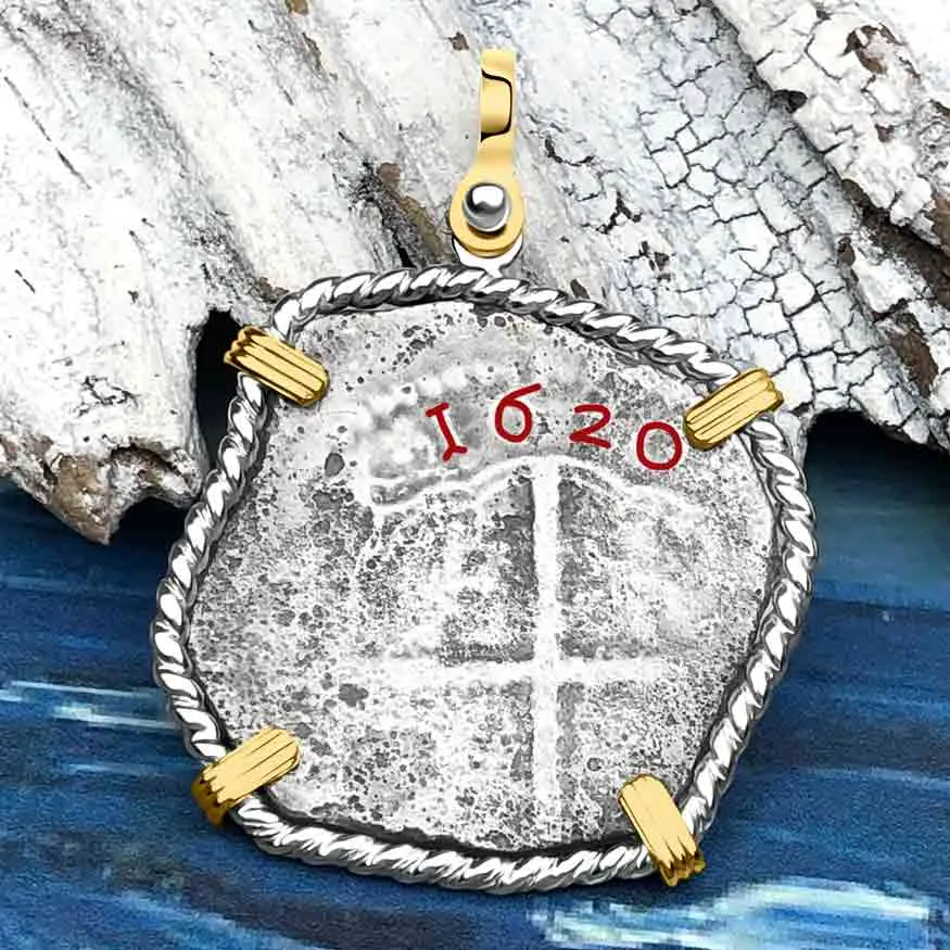 Rare Dated 1620 Sao Jose 4 Reale Shipwreck Coin 14K Gold and Sterling Silver Pendant | Artifact #6638