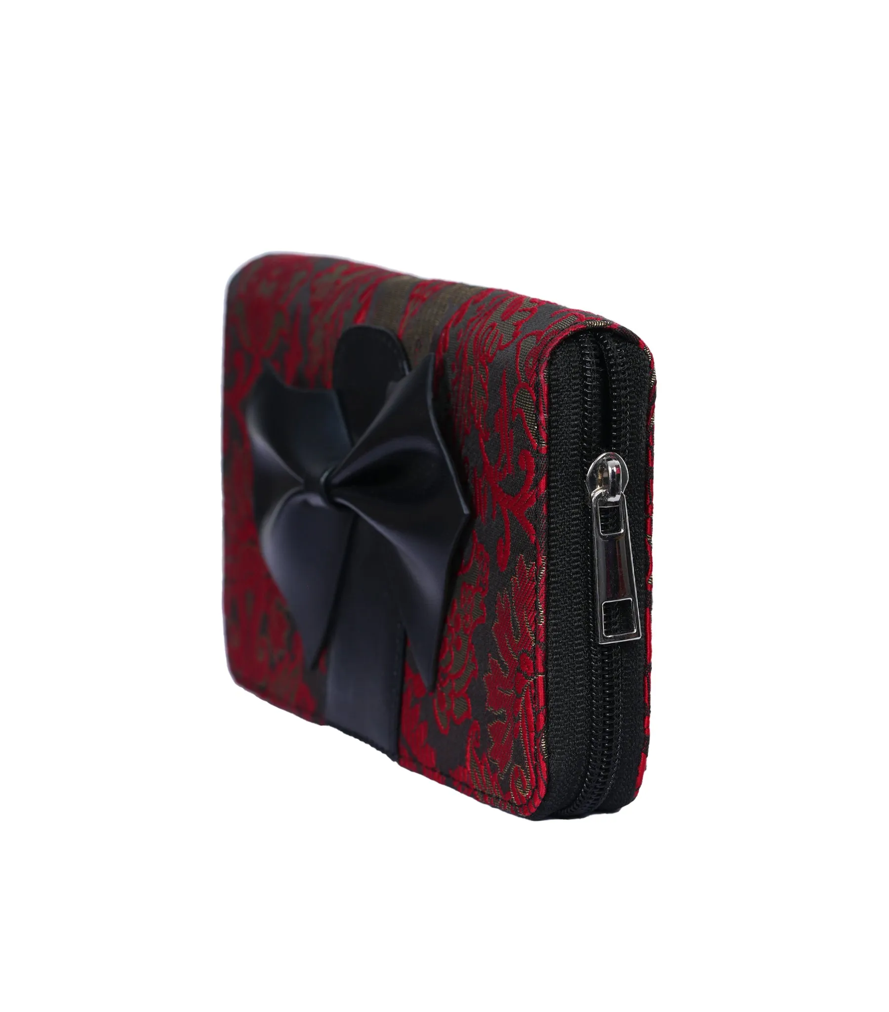 Red/Green jacquard Wallet with Black Faux Leather Bow