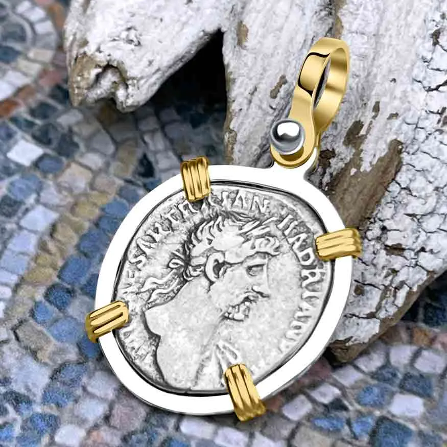 Roman Empire Silver Denarius Coin of Hadrian, the Builder 119 AD 14K Gold & Sterling Silver Pendant | Artifact #8491