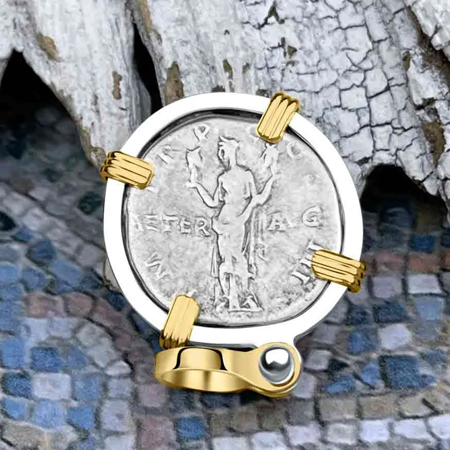 Roman Empire Silver Denarius Coin of Hadrian, the Builder 119 AD 14K Gold & Sterling Silver Pendant | Artifact #8491