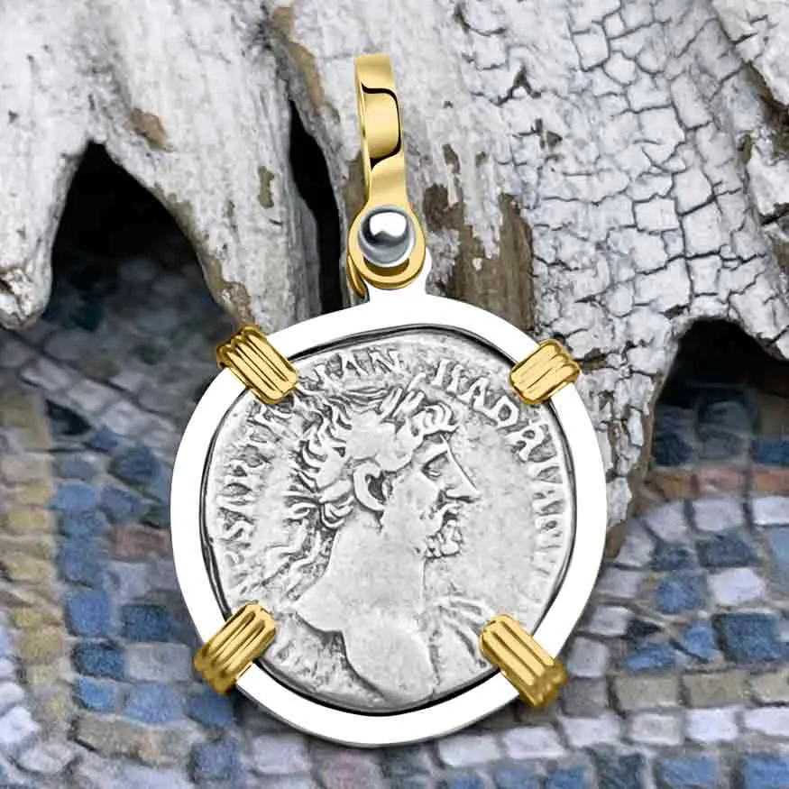 Roman Empire Silver Denarius Coin of Hadrian, the Builder 119 AD 14K Gold & Sterling Silver Pendant | Artifact #8491