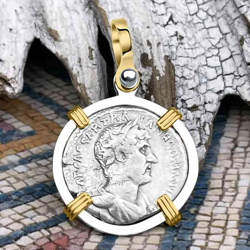 Roman Empire Silver Denarius Coin of Hadrian, the Builder 119 AD 14K Gold & Sterling Silver Pendant | Artifact #8492