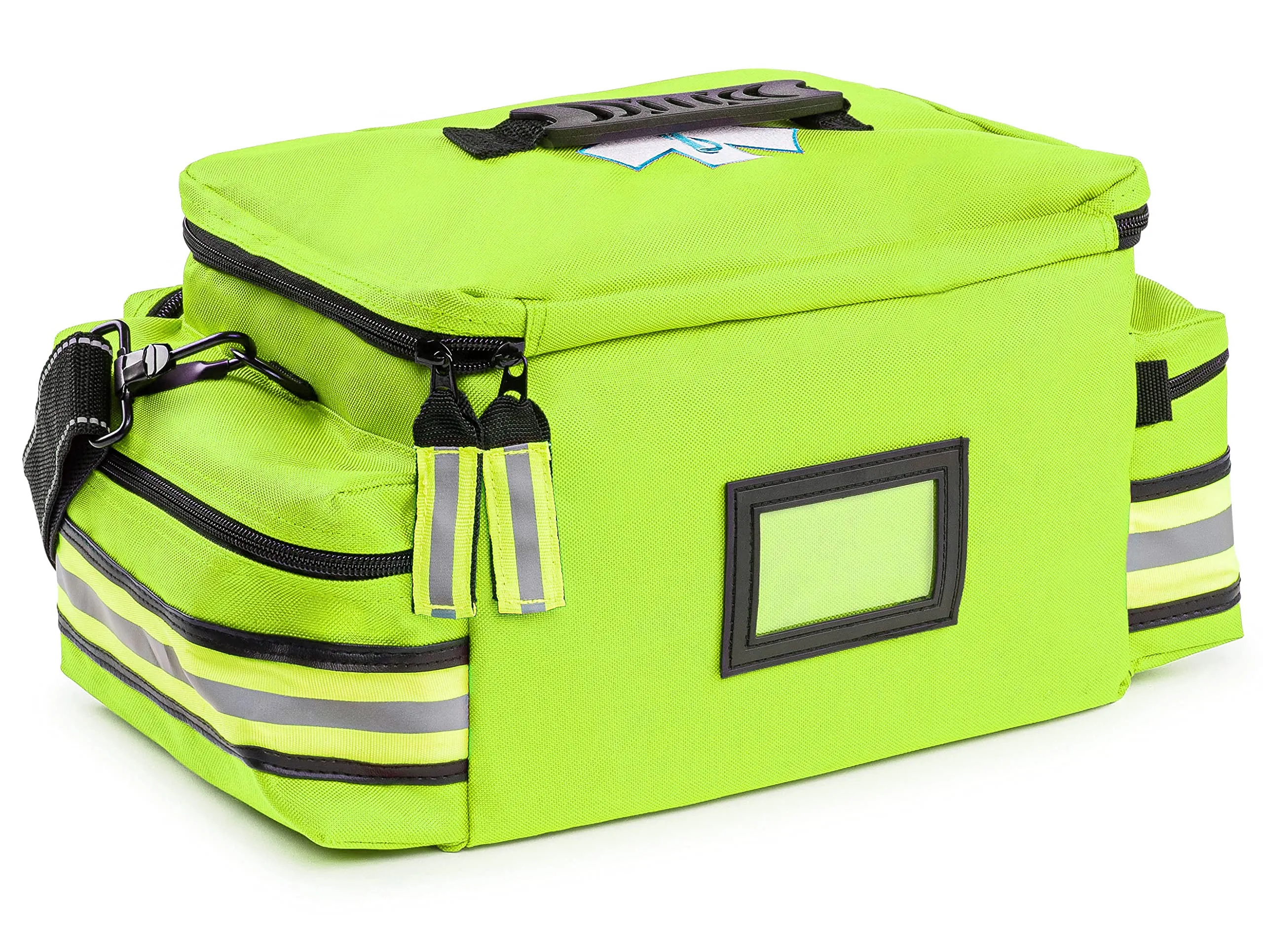 Scherber First Responder Fully-Stocked Professional Essentials EMT/EMS Trauma Kit | HSA/FSA Approved | Reflective Bag w/8 Zippered Pockets & Compartments & 200  First Aid Supplies - Yellow