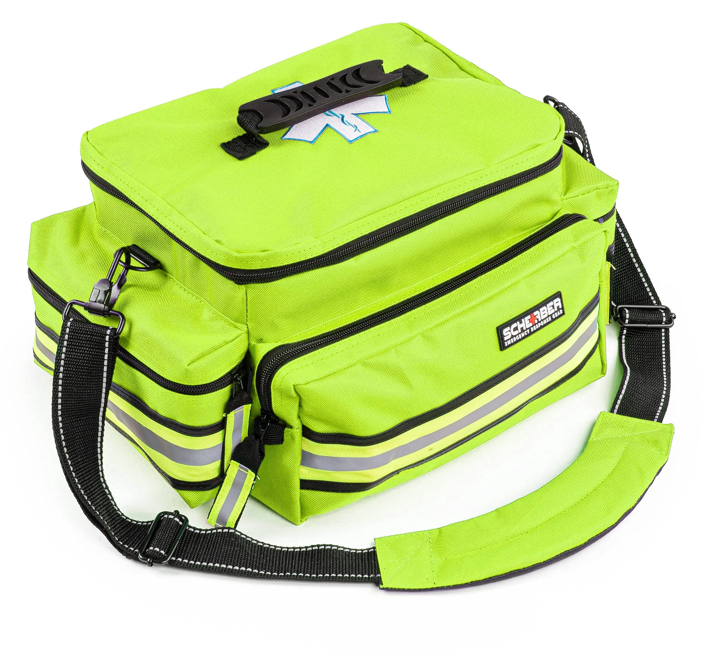 Scherber First Responder Fully-Stocked Professional Essentials EMT/EMS Trauma Kit | HSA/FSA Approved | Reflective Bag w/8 Zippered Pockets & Compartments & 200  First Aid Supplies - Yellow