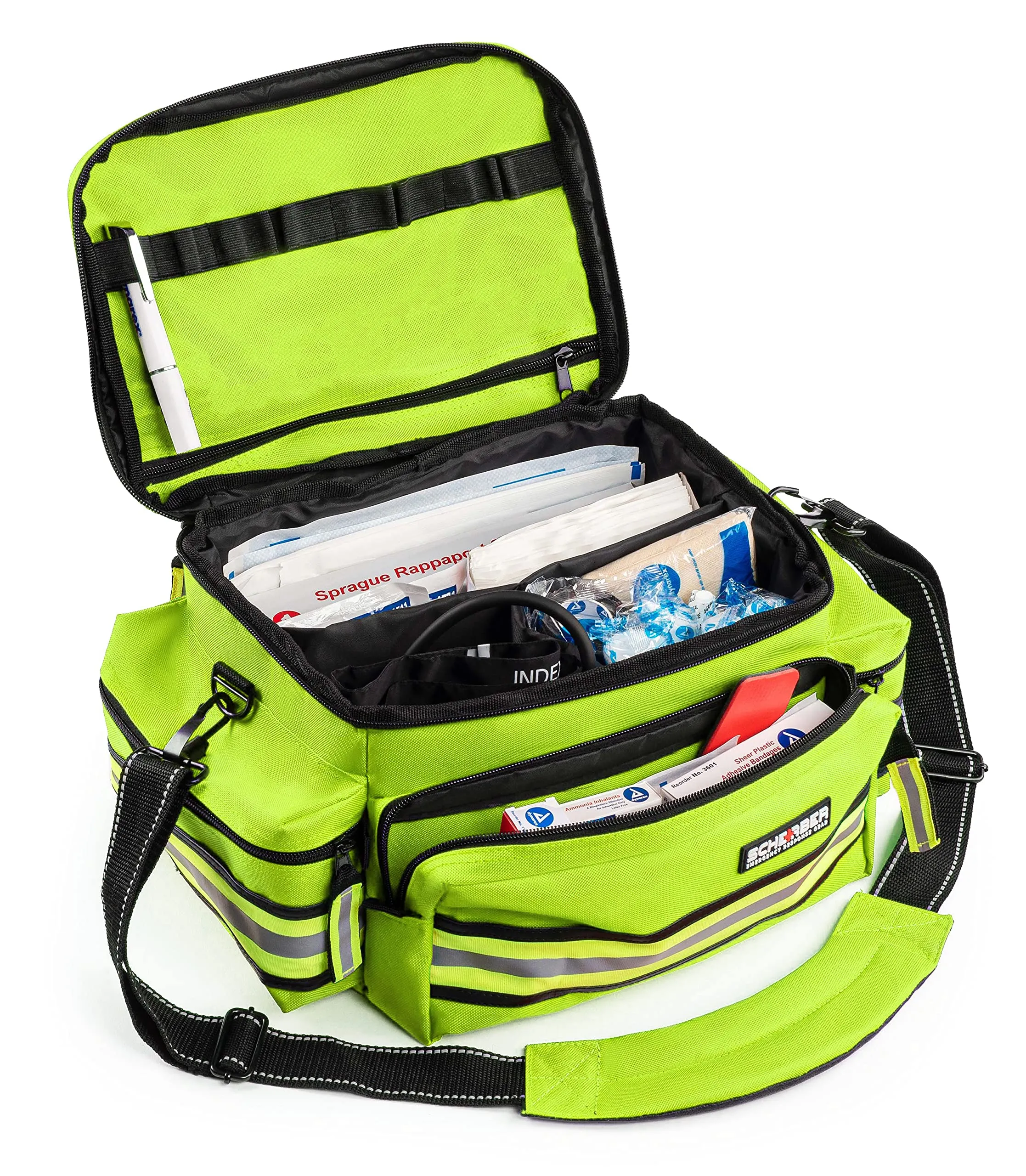 Scherber First Responder Fully-Stocked Professional Essentials EMT/EMS Trauma Kit | HSA/FSA Approved | Reflective Bag w/8 Zippered Pockets & Compartments & 200  First Aid Supplies - Yellow