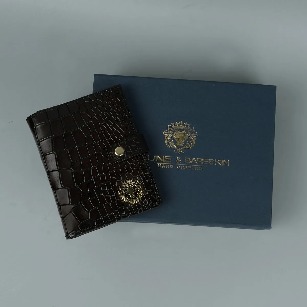 Stylish Deep Cut Croco Smokey Dark Brown Leather Button Closure Passport Holder By Brune & Bareskin