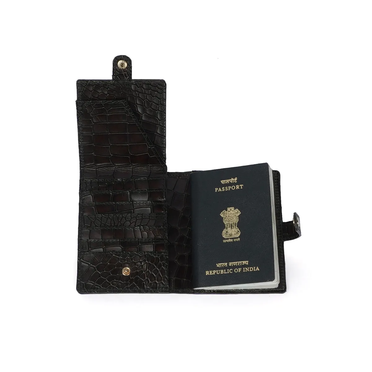 Stylish Deep Cut Croco Smokey Dark Brown Leather Button Closure Passport Holder By Brune & Bareskin