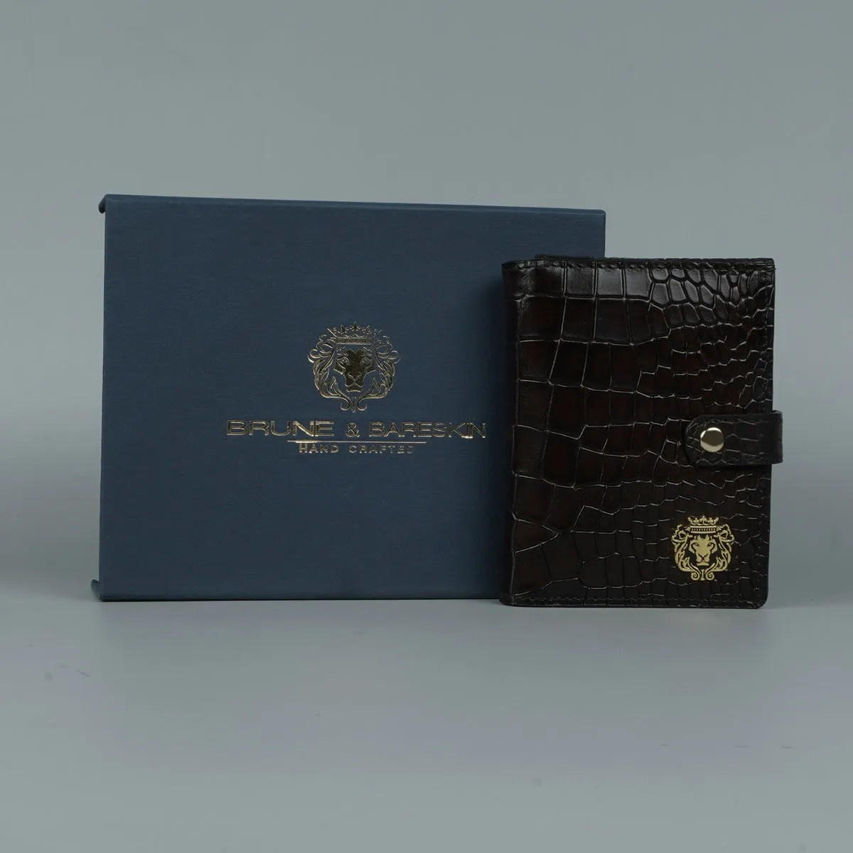 Stylish Deep Cut Croco Smokey Dark Brown Leather Button Closure Passport Holder By Brune & Bareskin