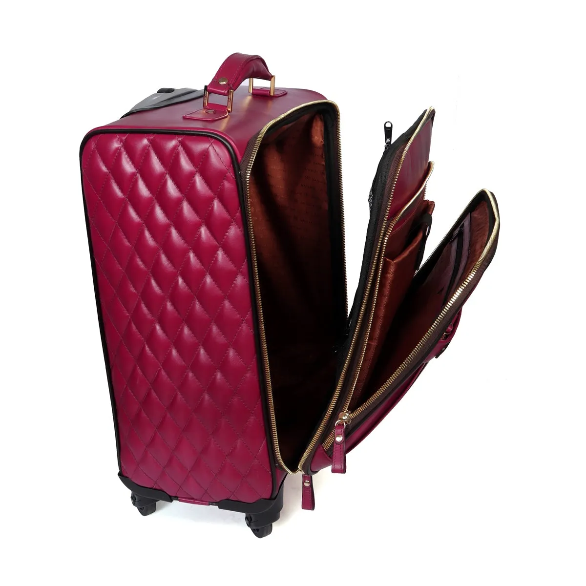 Sweetness Pink Leather Spinner Luggage with Expandable Compartment Strolley Bag with Telescopic Handle by Brune & Bareskin