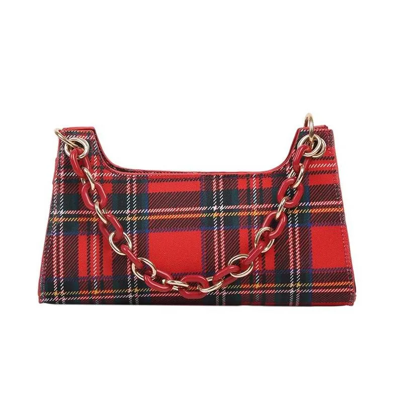 Tartan Plaid 90S Aesthetic Chain Baguette Bag