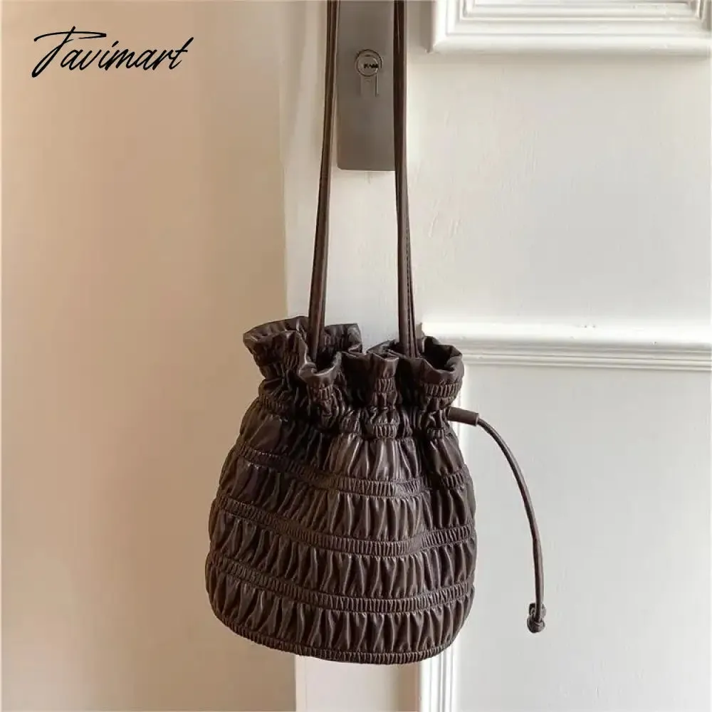 Tavimart New shoulder bag female high-capacity personality trend bucket bag female drawstring PU soft leather fold bag Korea