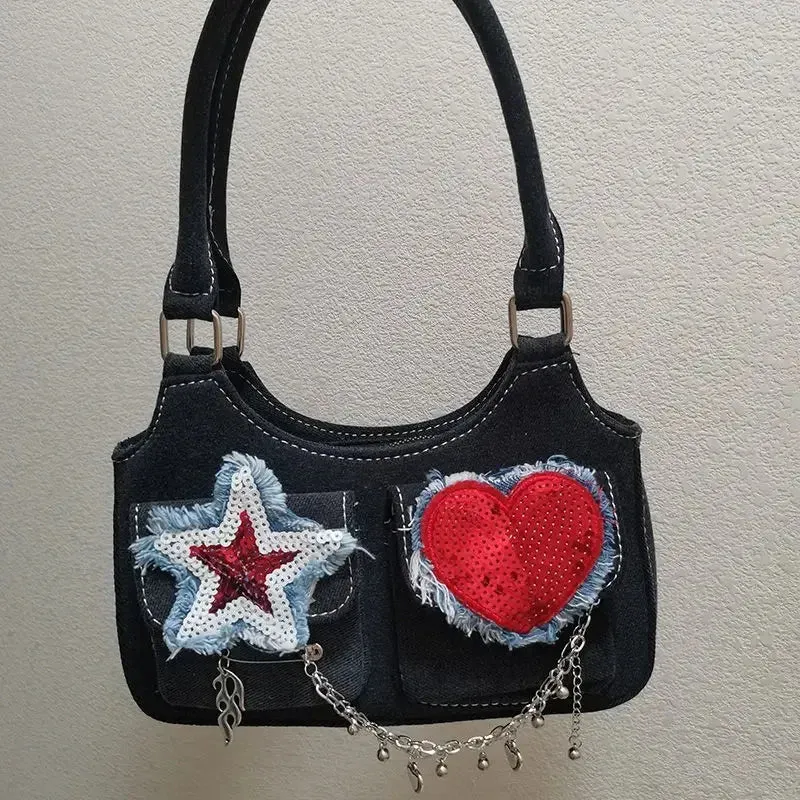 TAVIMART  -  Women New Retro Y2k Aesthetic Star Heart Sequined Shoulder Bags Vintage Punk Korean Handbags Harajuku Chain Crossbody Bag Denim