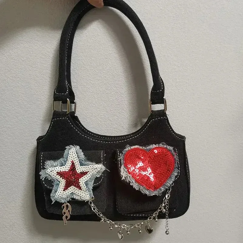 TAVIMART  -  Women New Retro Y2k Aesthetic Star Heart Sequined Shoulder Bags Vintage Punk Korean Handbags Harajuku Chain Crossbody Bag Denim