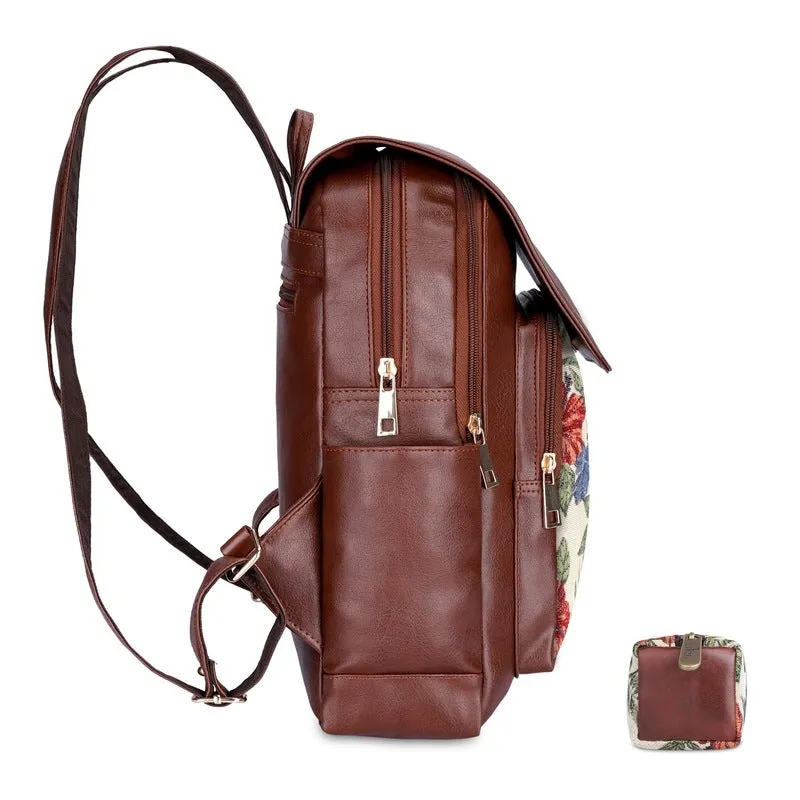 THE CLOWNFISH 10 Liters Combo Of Minerva Faux Leather & Tapestry Womens Backpack College School Girls Bag Casual Travel Backpack For Ladies & Expert Series Pencil Pouch Pen Case (Maroon-Floral)