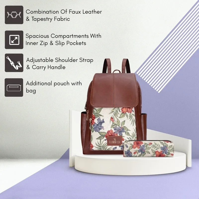 THE CLOWNFISH 10 Liters Combo Of Minerva Faux Leather & Tapestry Womens Backpack College School Girls Bag Casual Travel Backpack For Ladies & Expert Series Pencil Pouch Pen Case (Maroon-Floral)