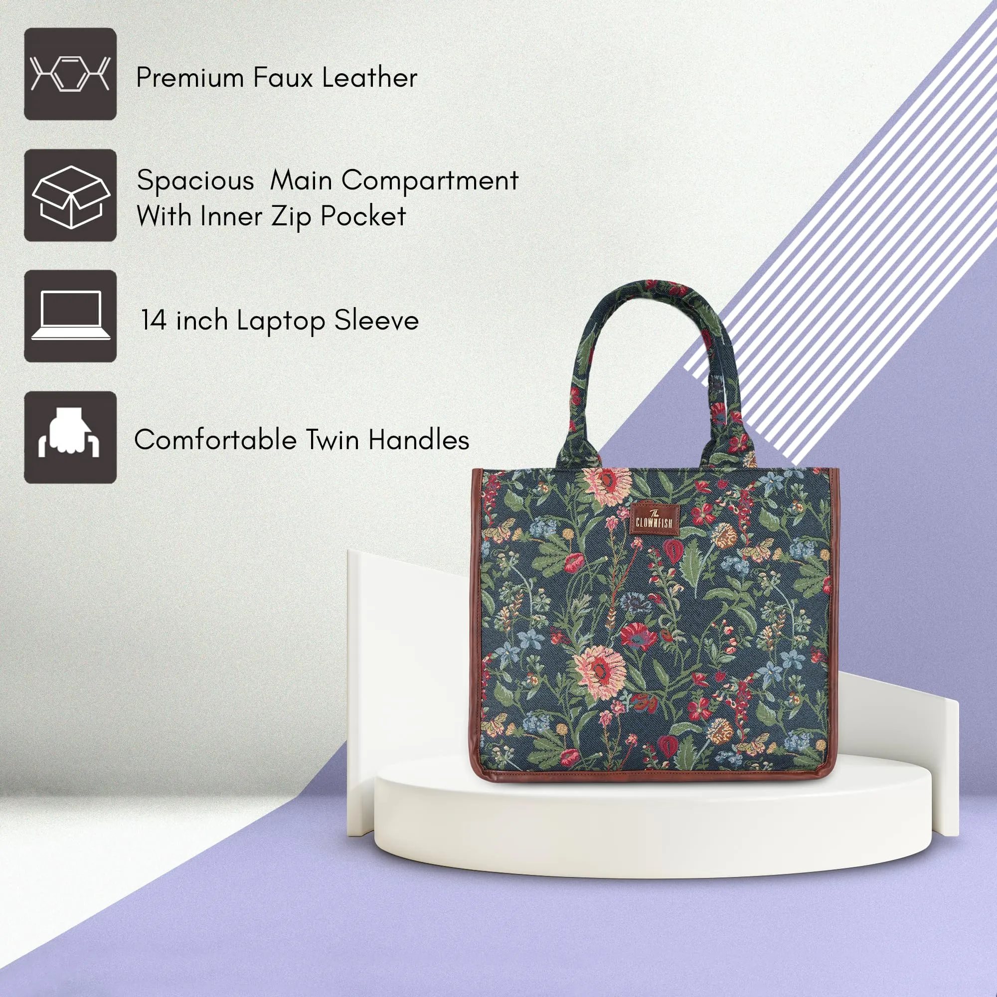 THE CLOWNFISH Ambrosia Series Tapestry Fabric 14 inch Laptop Bag Handbag For Women Box Bag Tote Office Bag (Navy Blue-Floral)