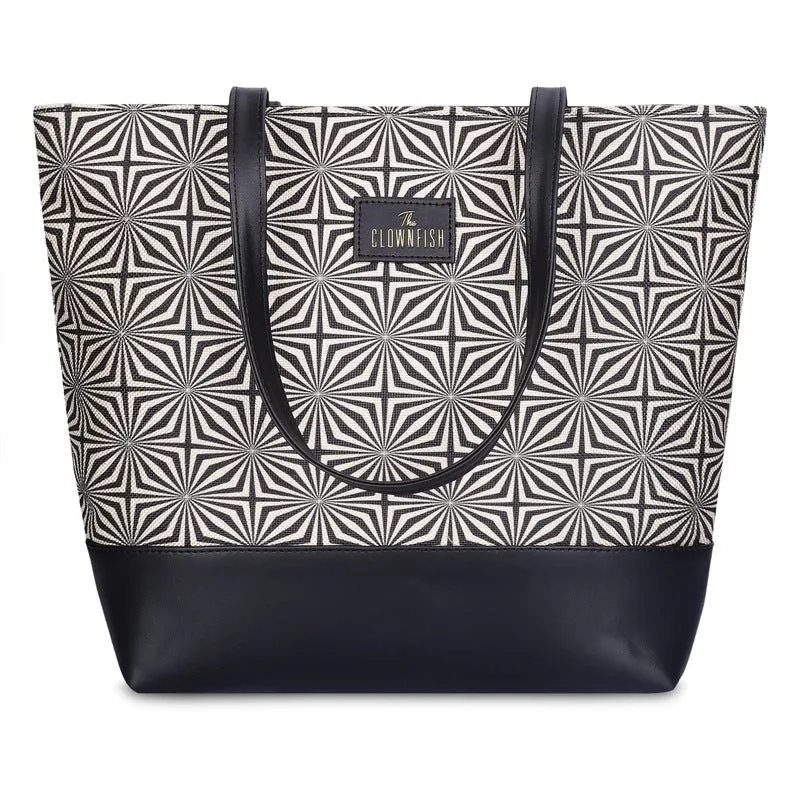 THE CLOWNFISH Empower Series Printed Handicraft Fabric & Faux Leather Handbag for Women Office Bag Ladies Shoulder Bag Tote for Women College Girls (Black-Geometric Design)