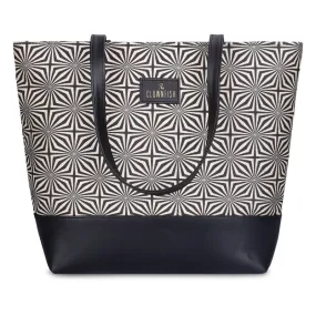 THE CLOWNFISH Empower Series Printed Handicraft Fabric & Faux Leather Handbag for Women Office Bag Ladies Shoulder Bag Tote for Women College Girls (Black-Geometric Design)