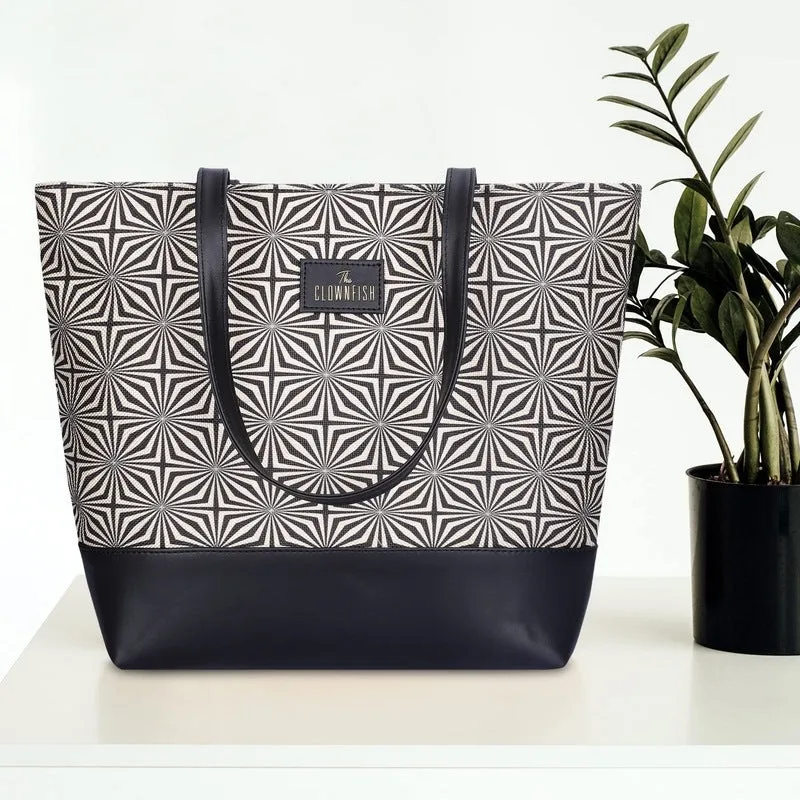 THE CLOWNFISH Empower Series Printed Handicraft Fabric & Faux Leather Handbag for Women Office Bag Ladies Shoulder Bag Tote for Women College Girls (Black-Geometric Design)