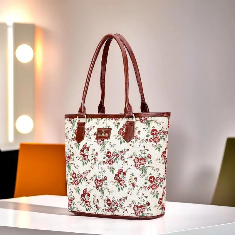 THE CLOWNFISH Justina Tapestry Fabric & Faux Leather Handbag for Women Office Bag Ladies Shoulder Bag Tote For Women College Girls (White-Floral)