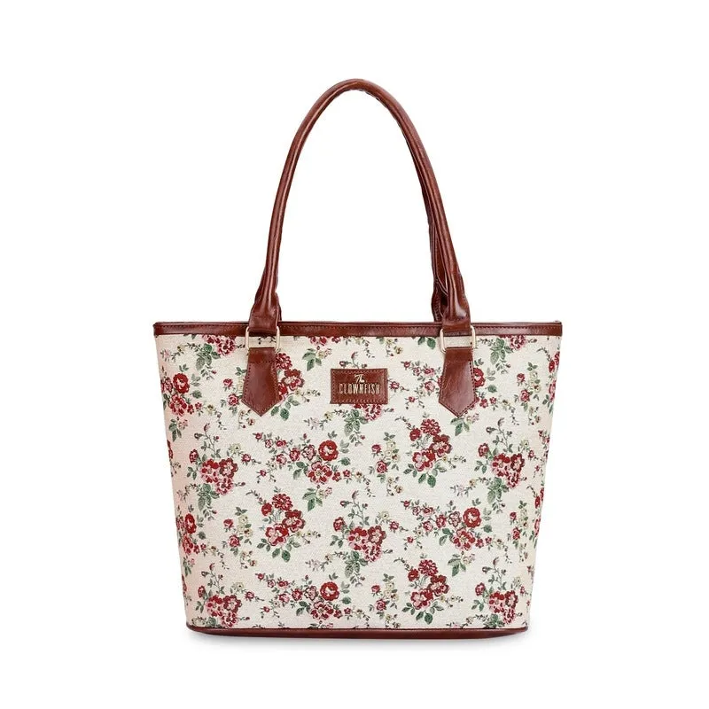 THE CLOWNFISH Justina Tapestry Fabric & Faux Leather Handbag for Women Office Bag Ladies Shoulder Bag Tote For Women College Girls (White-Floral)