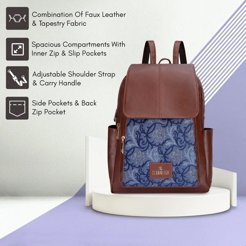 THE CLOWNFISH Medium Size Minerva Faux Leather & Tapestry Womens Standard Backpack College School Bag Casual Travel Standard Backpack For Ladies Girls (Blue- Floral), 10 Litre