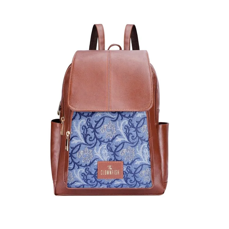 THE CLOWNFISH Medium Size Minerva Faux Leather & Tapestry Womens Standard Backpack College School Bag Casual Travel Standard Backpack For Ladies Girls (Blue- Floral), 10 Litre