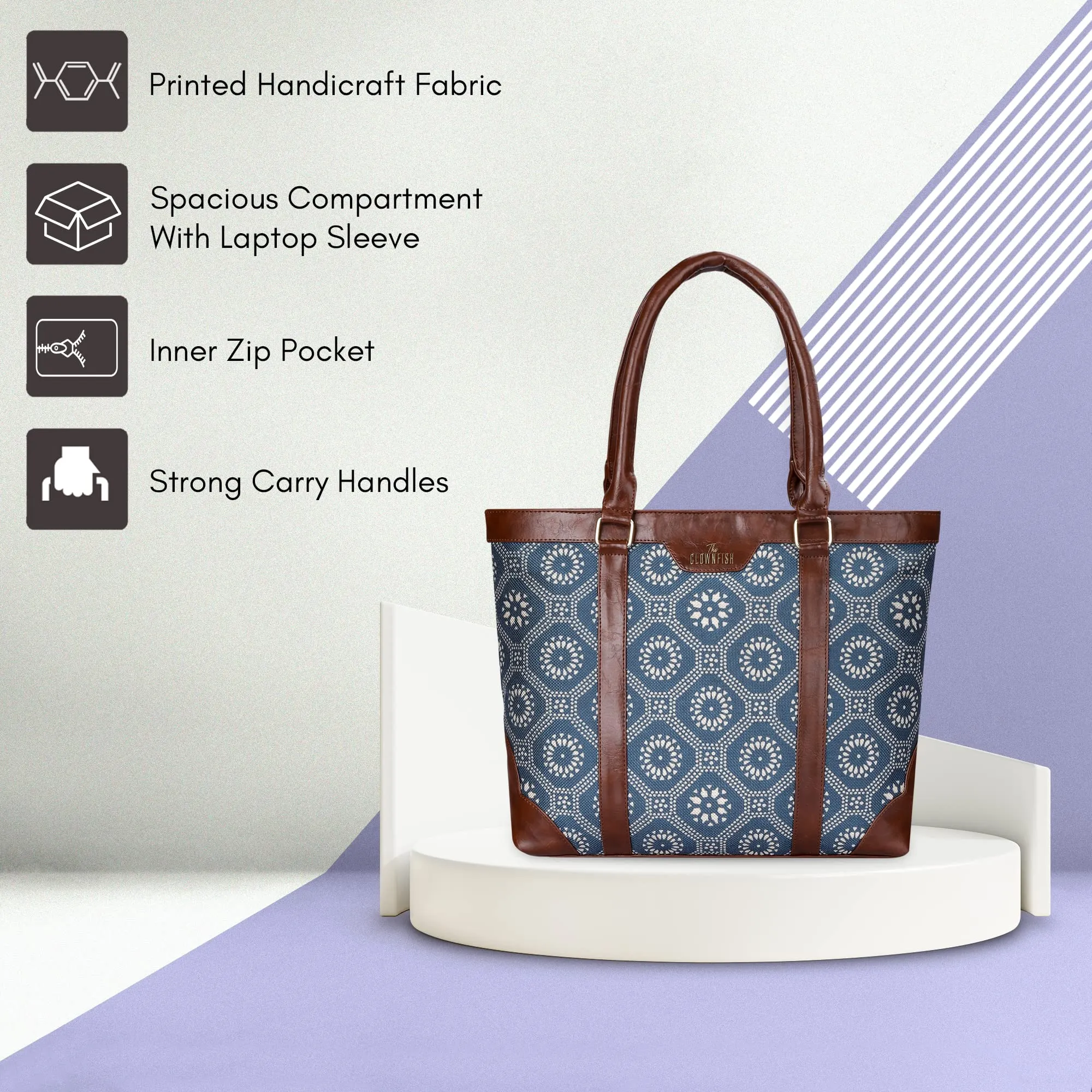 THE CLOWNFISH Miranda Series 15.6 inch Laptop Bag For Women Printed Handicraft Fabric & Faux Leather Office Bag Briefcase Hand Messenger bag Tote Shoulder Bag (Cerulean Blue)