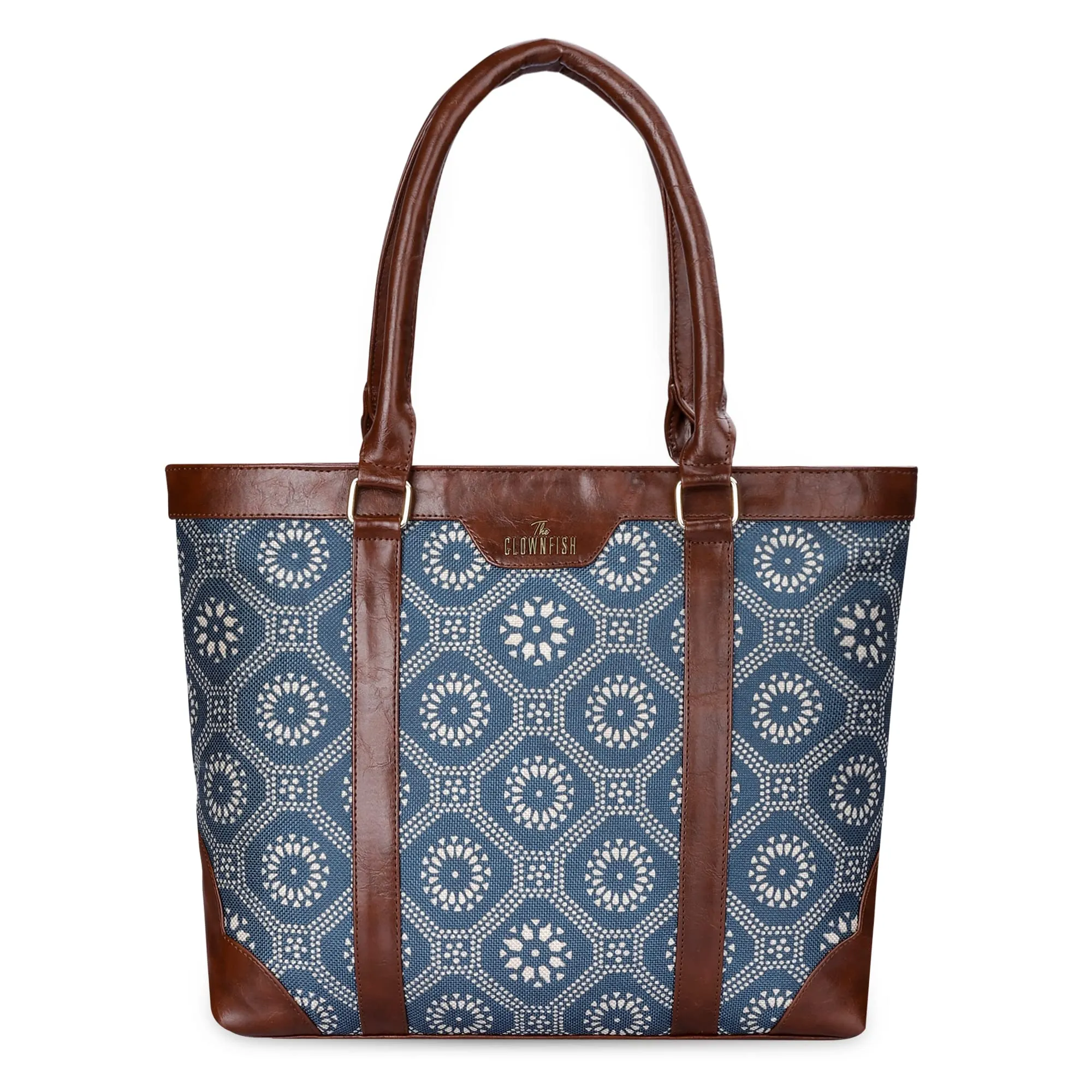 THE CLOWNFISH Miranda Series 15.6 inch Laptop Bag For Women Printed Handicraft Fabric & Faux Leather Office Bag Briefcase Hand Messenger bag Tote Shoulder Bag (Cerulean Blue)