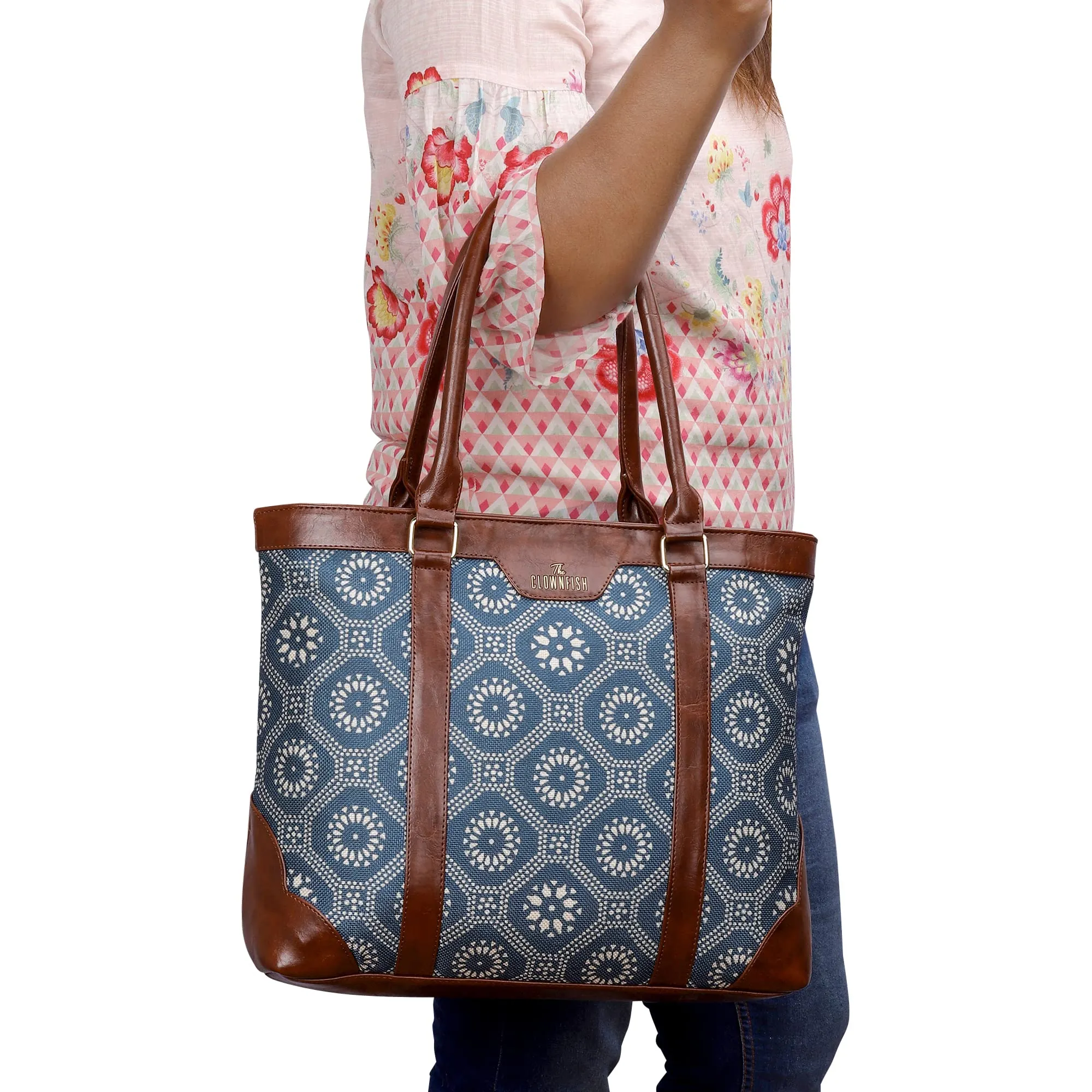 THE CLOWNFISH Miranda Series 15.6 inch Laptop Bag For Women Printed Handicraft Fabric & Faux Leather Office Bag Briefcase Hand Messenger bag Tote Shoulder Bag (Cerulean Blue)