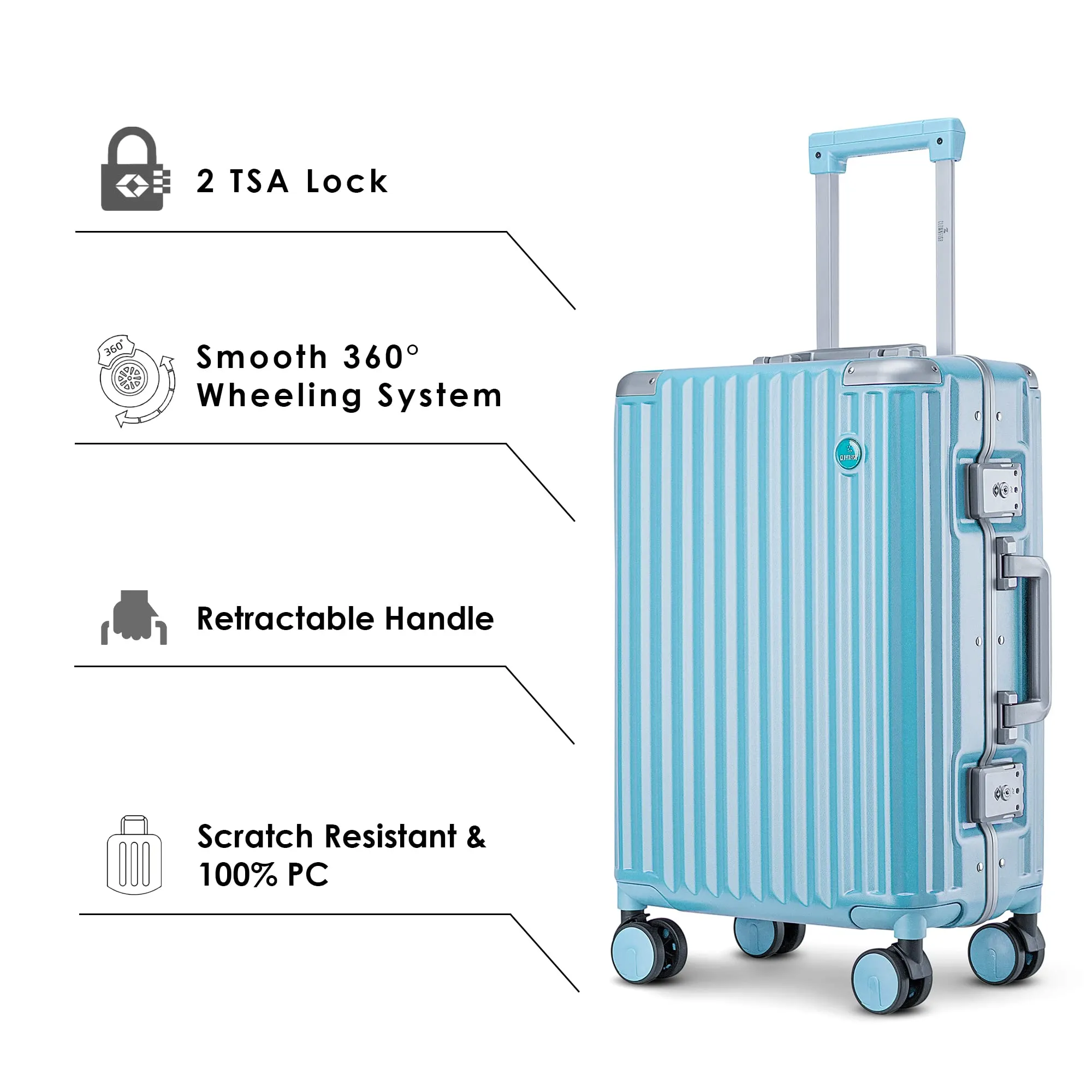 THE CLOWNFISH Stark Series Luggage Polycarbonate Hard Case Suitcase Eight Wheel Trolley Bag with Double TSA Locks- Sky Blue (Small Size, 57 cm-22 inch)