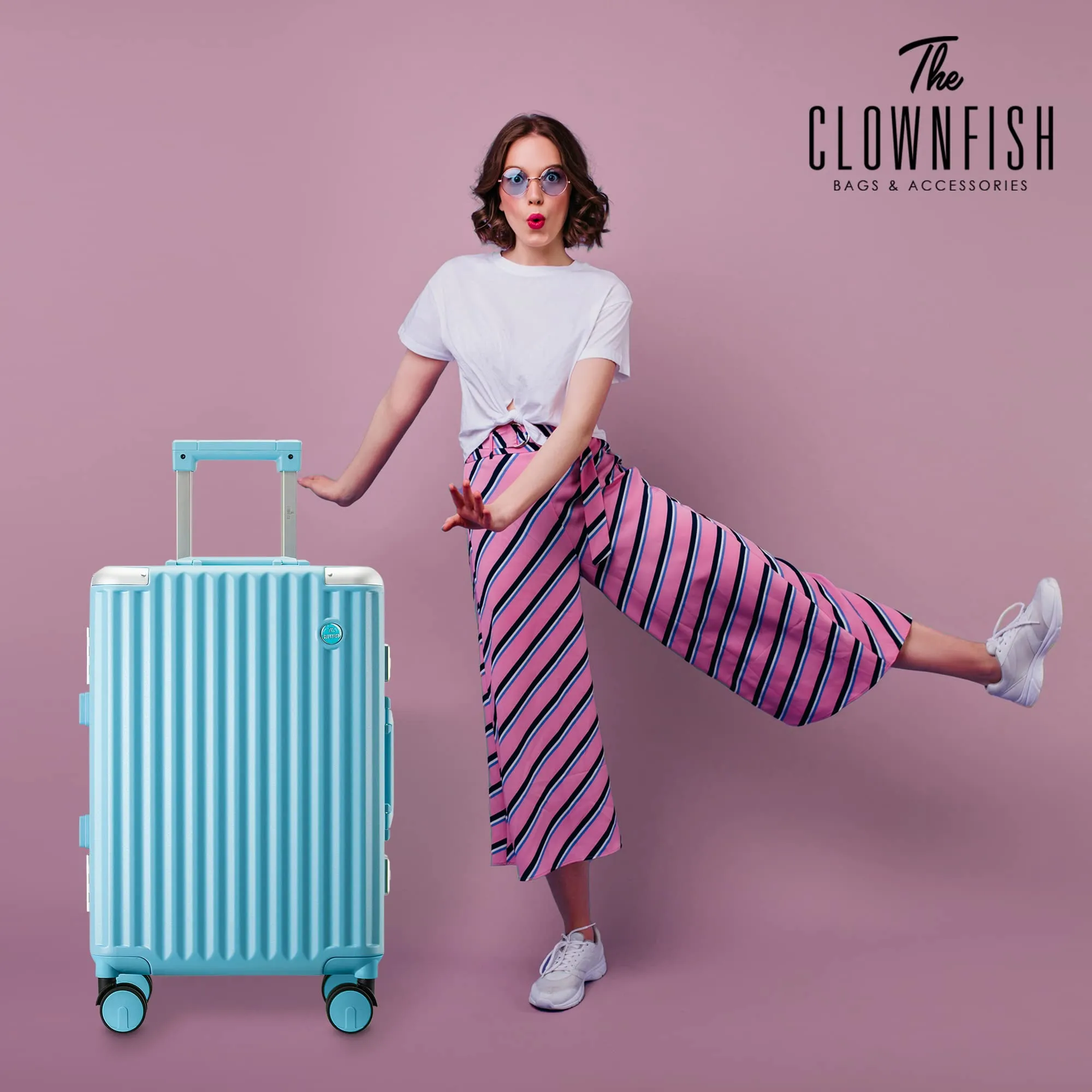 THE CLOWNFISH Stark Series Luggage Polycarbonate Hard Case Suitcase Eight Wheel Trolley Bag with Double TSA Locks- Sky Blue (Small Size, 57 cm-22 inch)