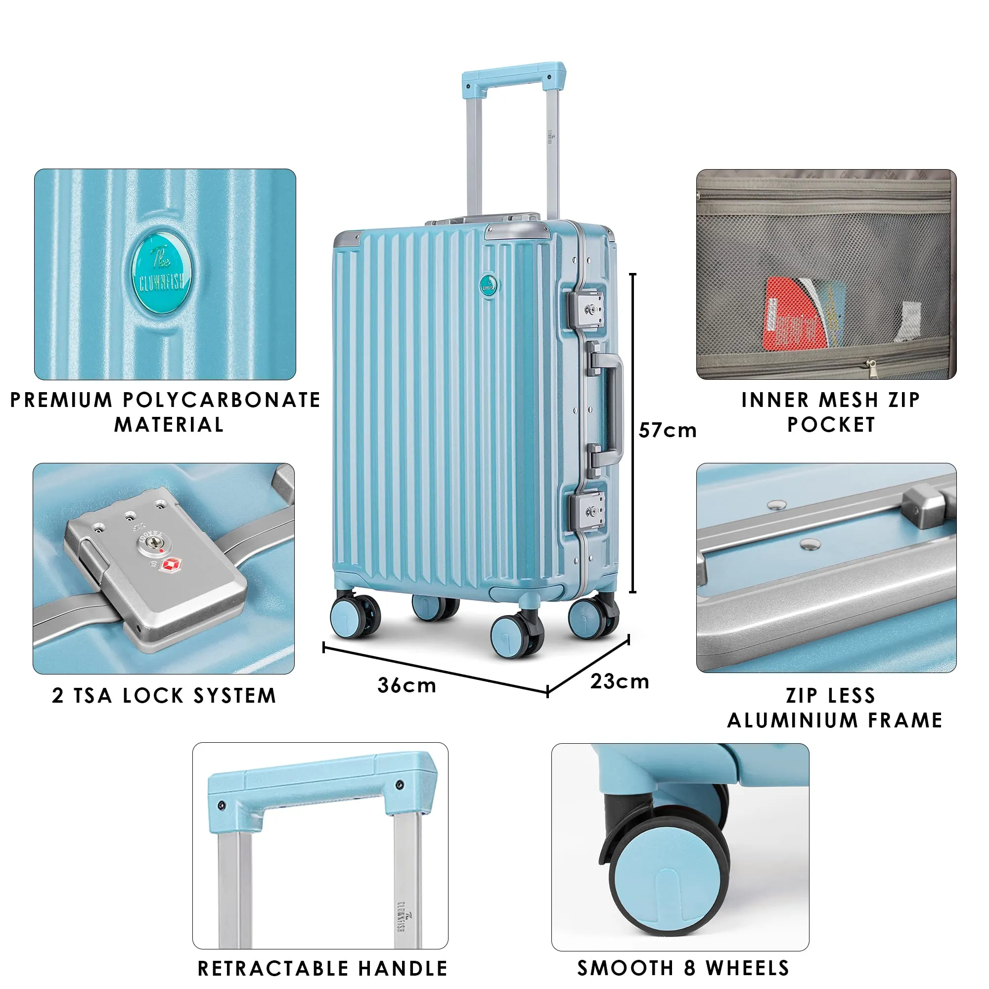 THE CLOWNFISH Stark Series Luggage Polycarbonate Hard Case Suitcase Eight Wheel Trolley Bag with Double TSA Locks- Sky Blue (Small Size, 57 cm-22 inch)