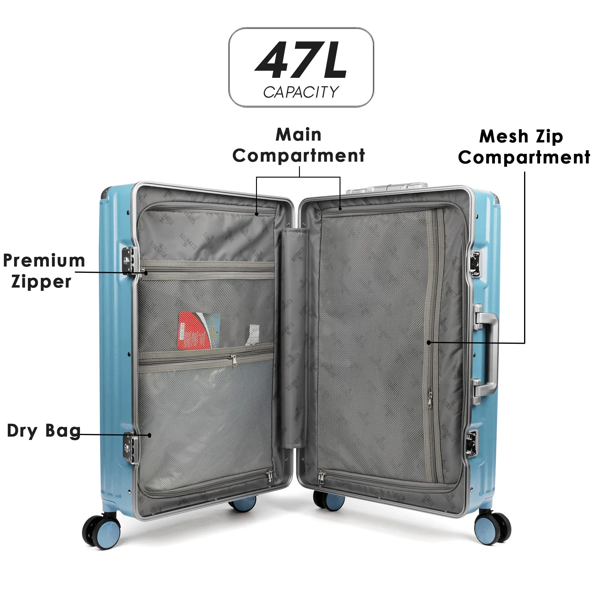 THE CLOWNFISH Stark Series Luggage Polycarbonate Hard Case Suitcase Eight Wheel Trolley Bag with Double TSA Locks- Sky Blue (Small Size, 57 cm-22 inch)