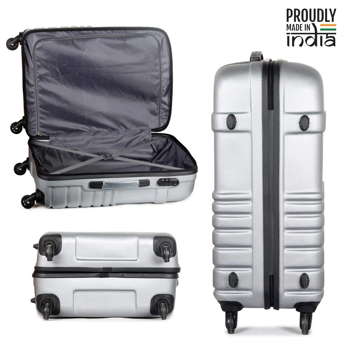 THE CLOWNFISH Stride Set of 3 Luggage Polypropylene Hard case 4 Wheel Check-in Trolley Bags Carry-On Suitcases- Grey (Small-56 cm, Medium-65 cm, Large-75 cm)