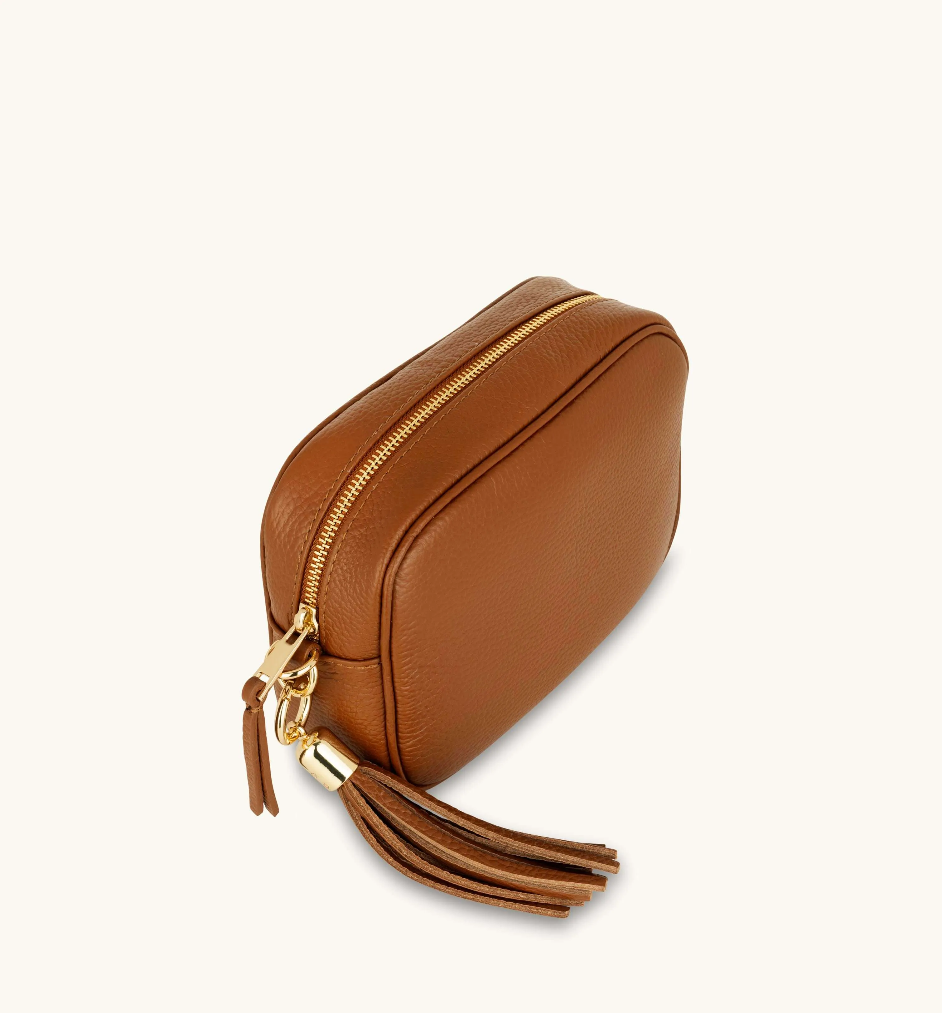 The Tassel Tan Leather Crossbody Bag With Gold Chain Strap