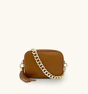 The Tassel Tan Leather Crossbody Bag With Gold Chain Strap