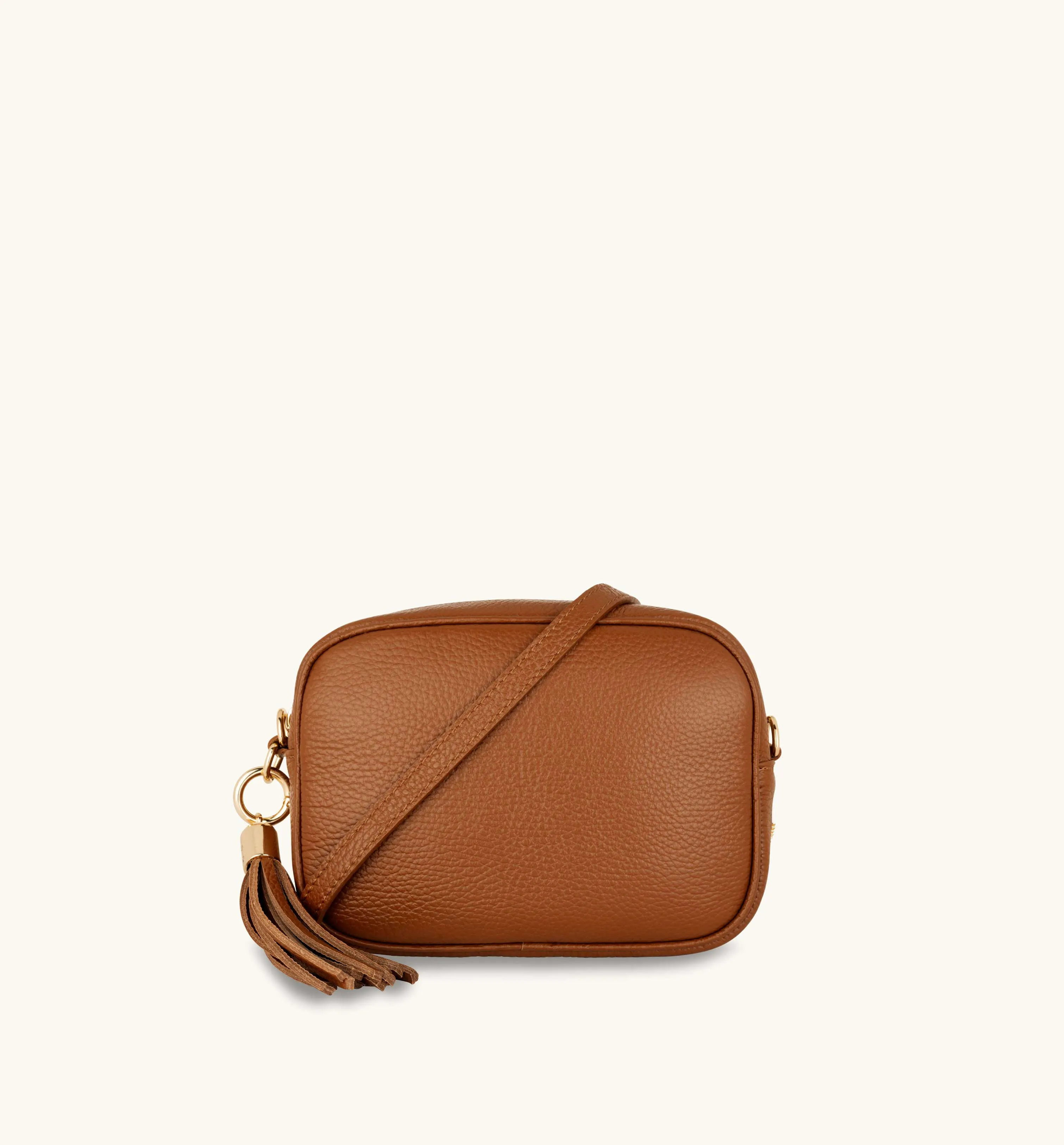 The Tassel Tan Leather Crossbody Bag With Gold Chain Strap