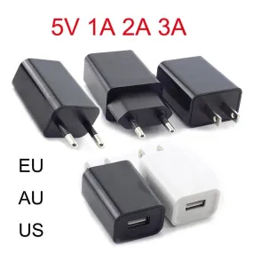 Universal Travel USB Charger Adapter - 5V 1A/2A/3A Power Supply for EU/US/AU Plugs - Compact Wall and Desktop Charging Solution in Black and White