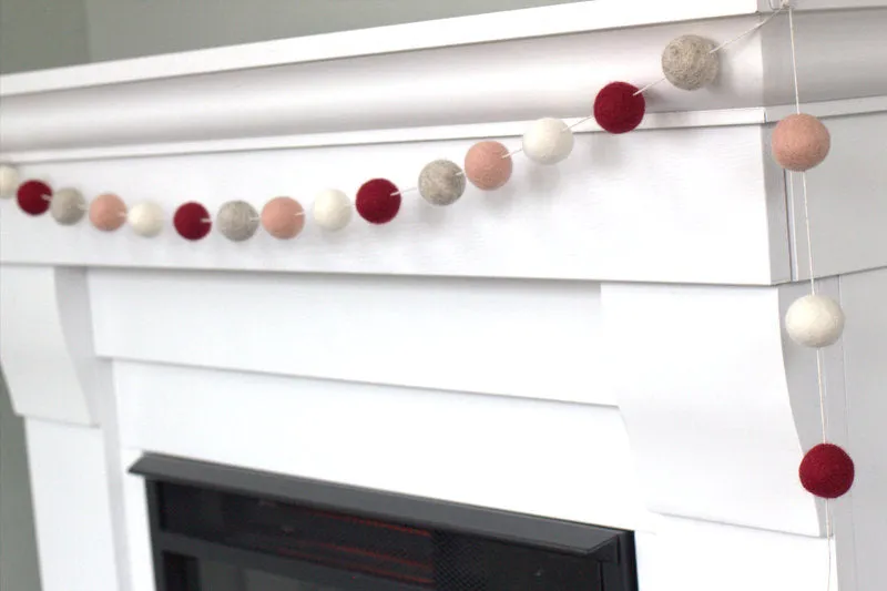 Valentine's Day Felt Ball Garland- Burgundy, Pale Pink, Gray, White