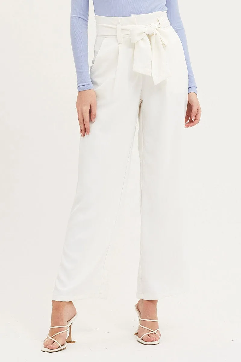 White Paper Bag Pants Wide Leg