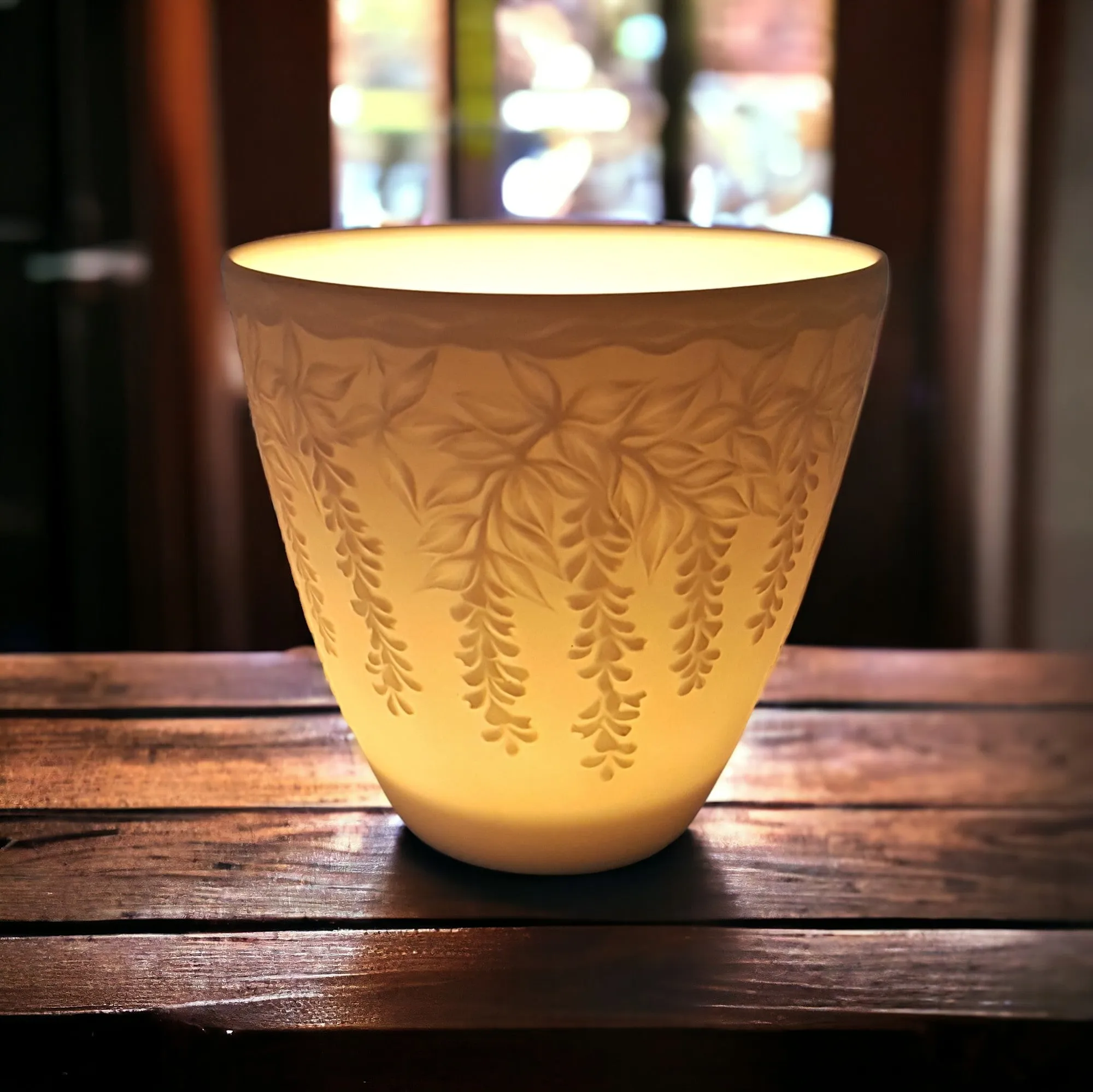 White Porcelain Tealight / Votive Holder - Wisteria Design