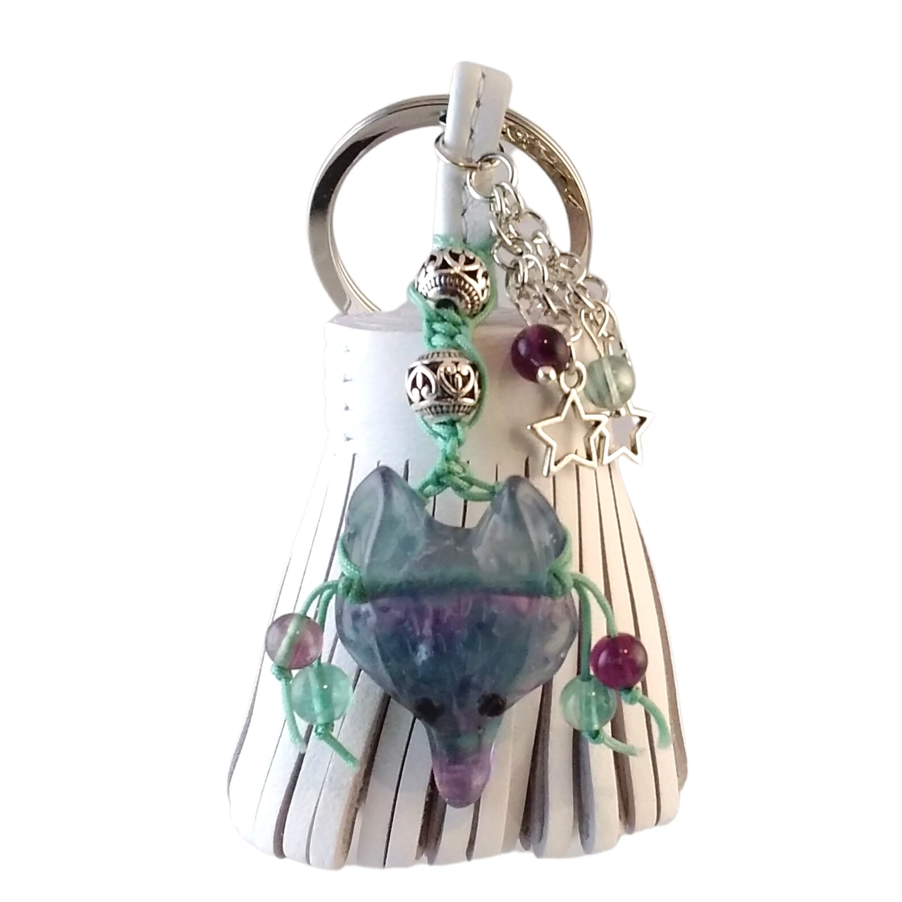 Wolf Keychain White Leather Tassel Fluorite Bag Charm