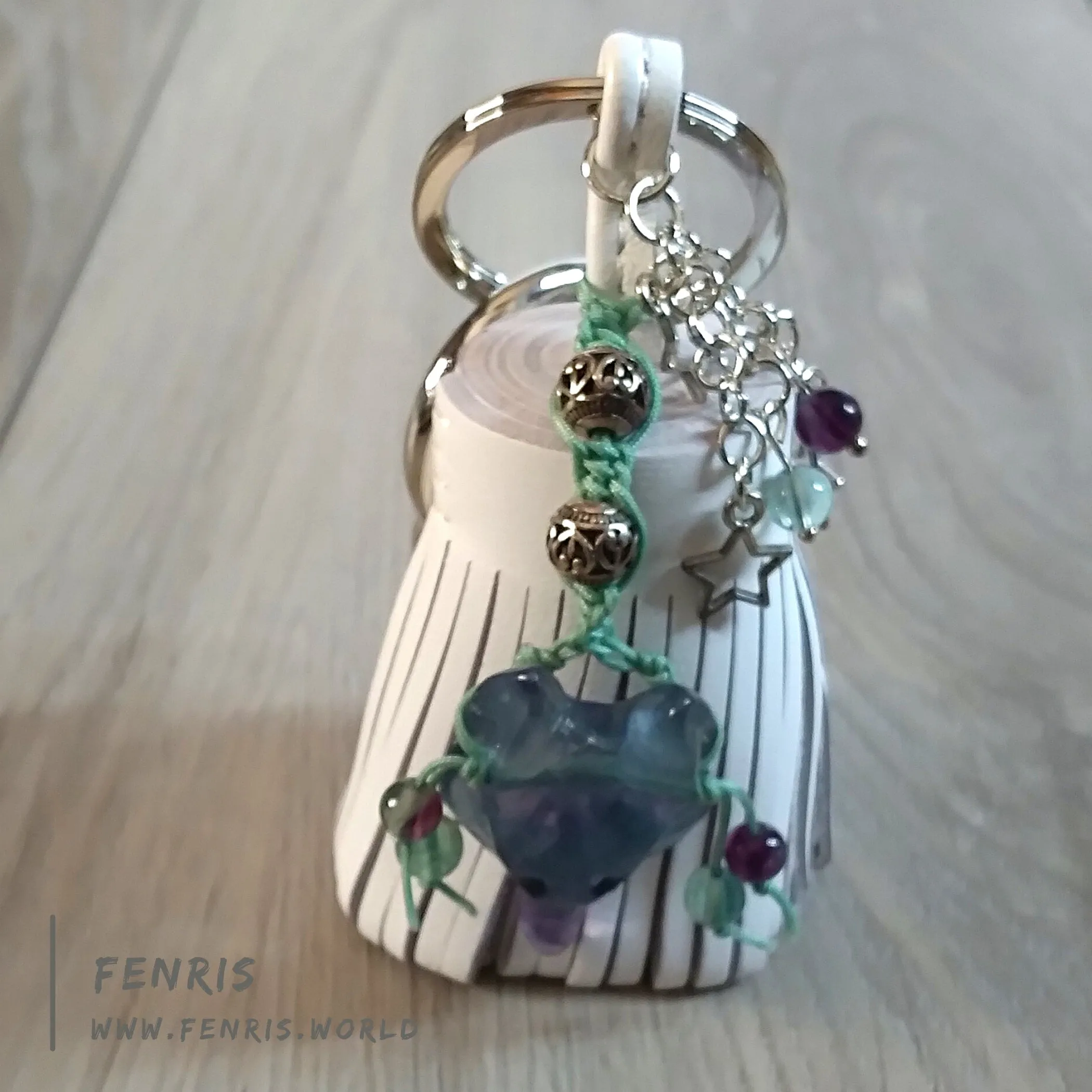 Wolf Keychain White Leather Tassel Fluorite Bag Charm