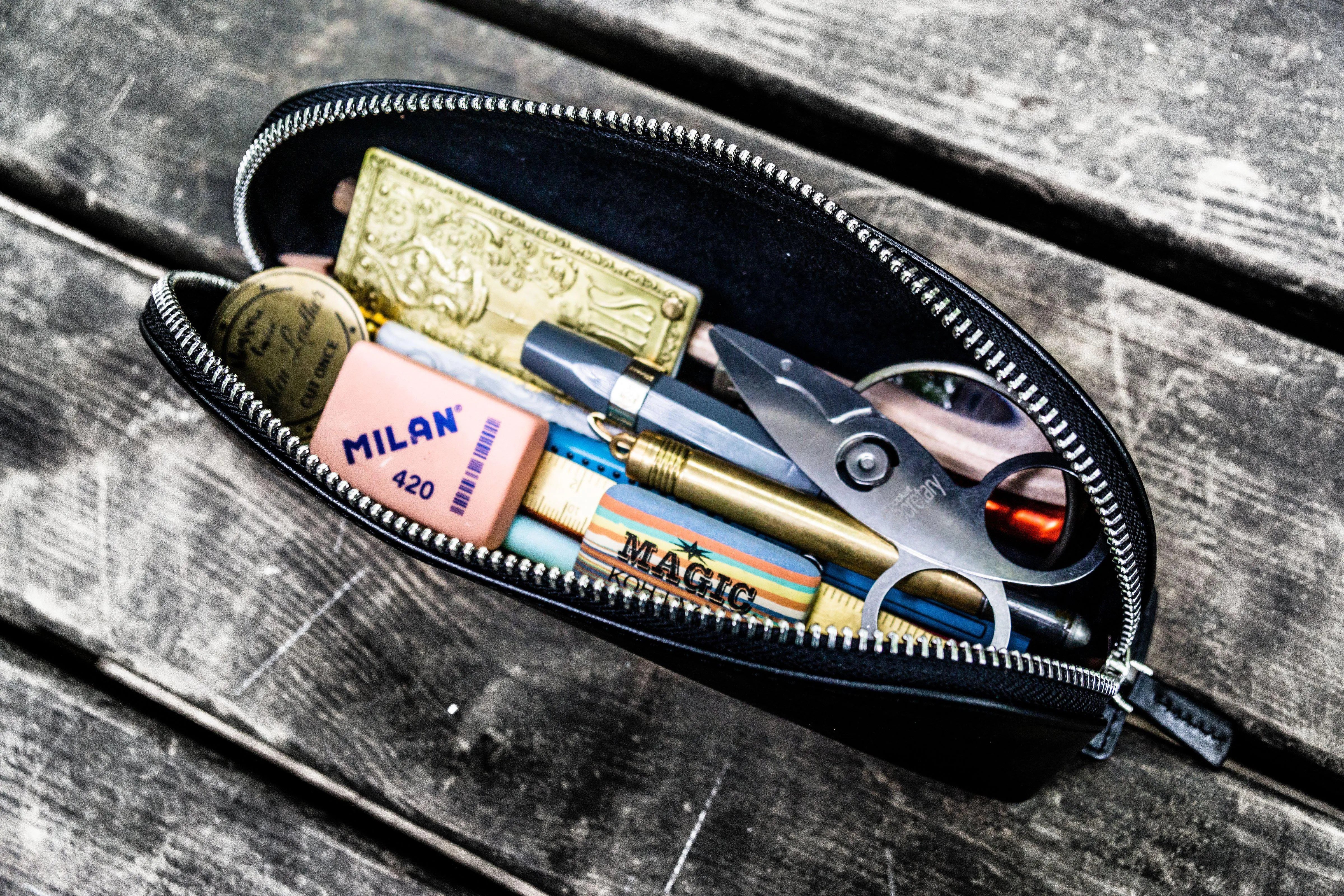 XLarge Zipper Leather Pencil Case - Black